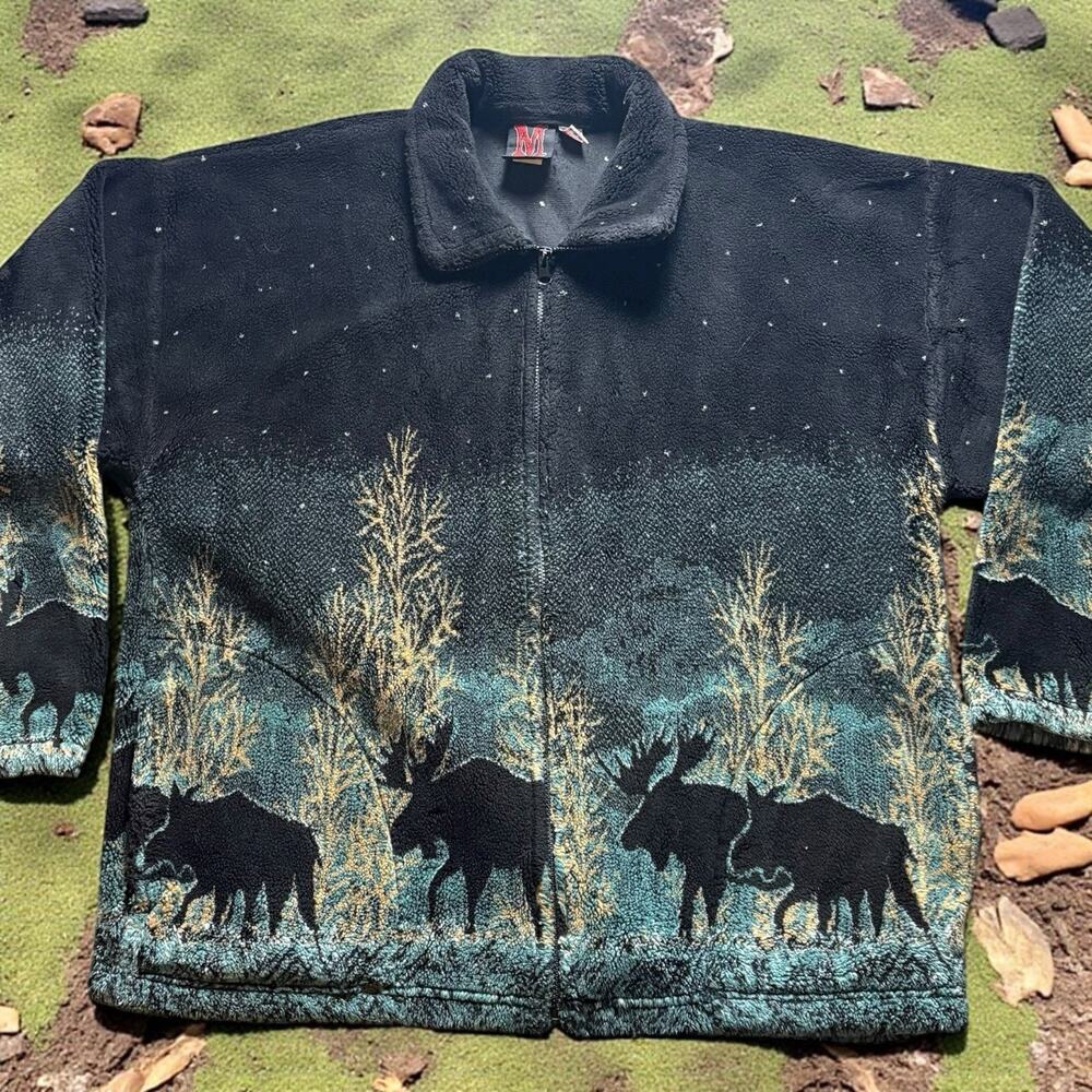 Vintage Mazmania AOP Moose Nature Men’s Large Fleece Full Zip Jacket